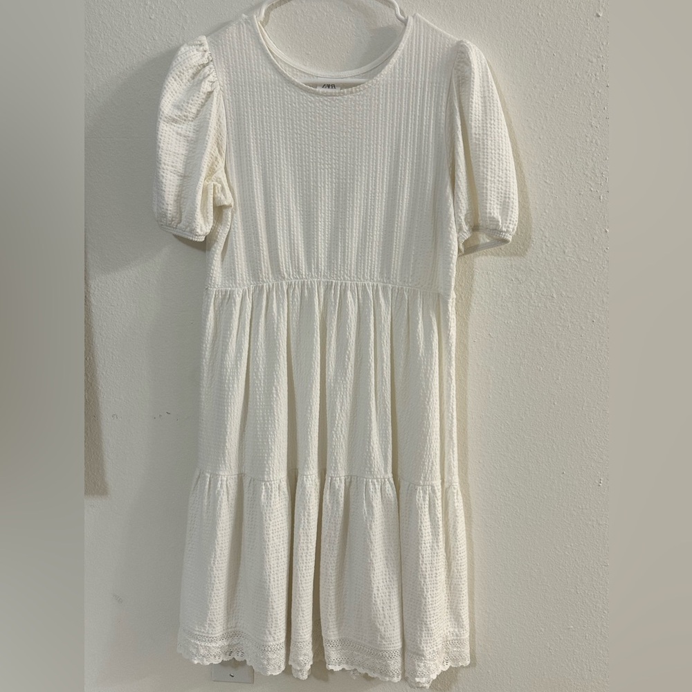 Zara Women's Cream Tiered Sundress with Puff Sleeves